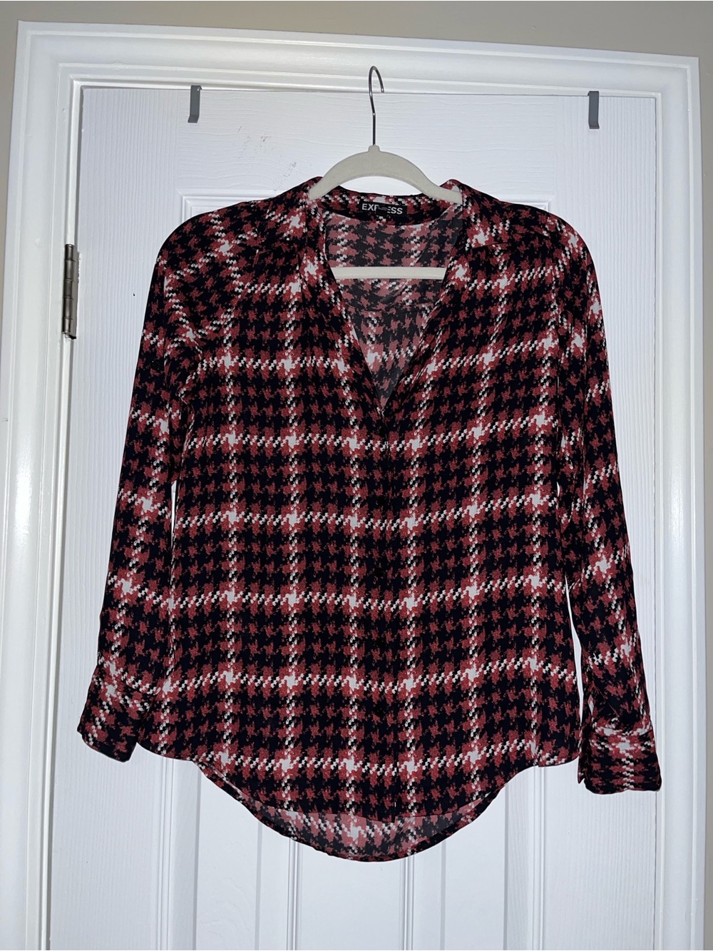 Express Women's Red and Black Plaid V-Neck Blouse